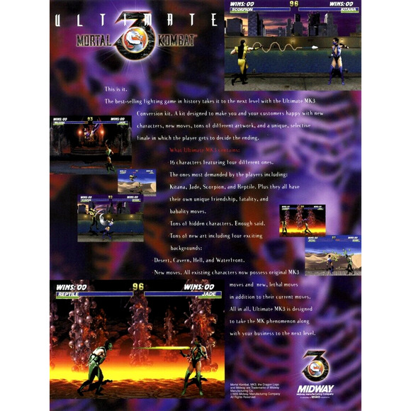Ultimate Mortal Kombat 3 Arcade Game Flyer 1995 UNUSED Video MK3 Retro Fighting - Picture 1 of 2